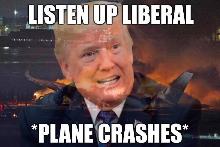 A composite image shows Donald Trump's face superimposed over a fiery plane crash scene at night. Large white text at the…