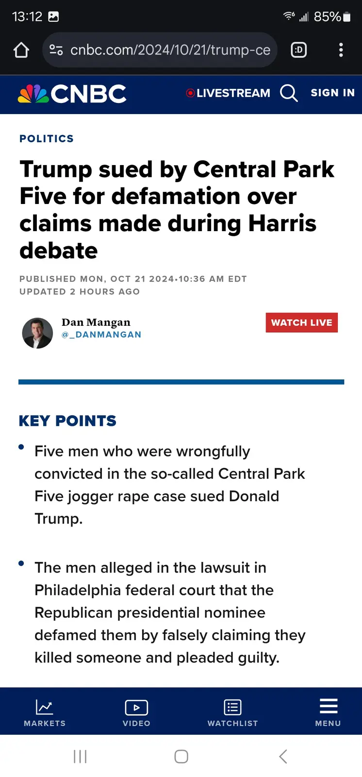 A screenshot of a CNBC news article from October 21, 2024, with the headline 'Trump sued by Central Park Five for defamation…