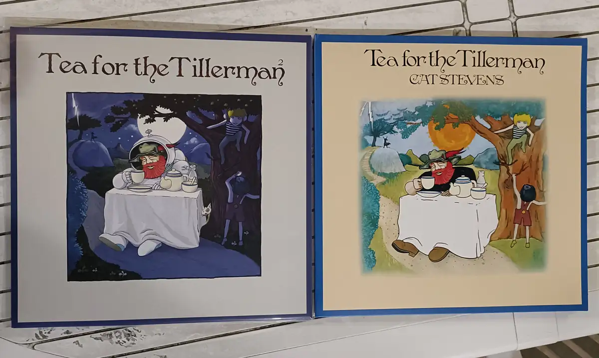 Two album covers for 'Tea for the Tillerman' by Cat Stevens are shown side-by-side. The left cover features a man in a space…