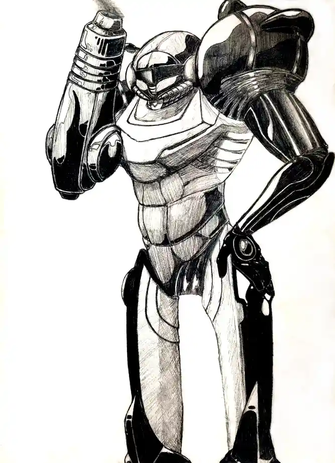 A black-and-white pencil sketch of a heavily armored, muscular humanoid robot standing with one hand on its hip and the…