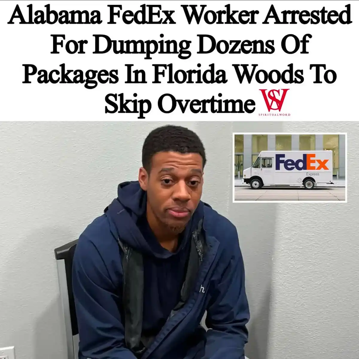 A man in a blue hoodie sits in a chair looking confused or sheepish, with a small inset image of a FedEx Express truck. The…