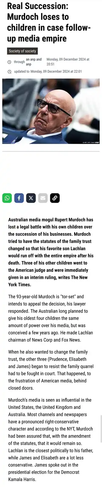 A screenshot of a news article shows a photo of Rupert Murdoch looking displeased, with the headline 'Real Succession…