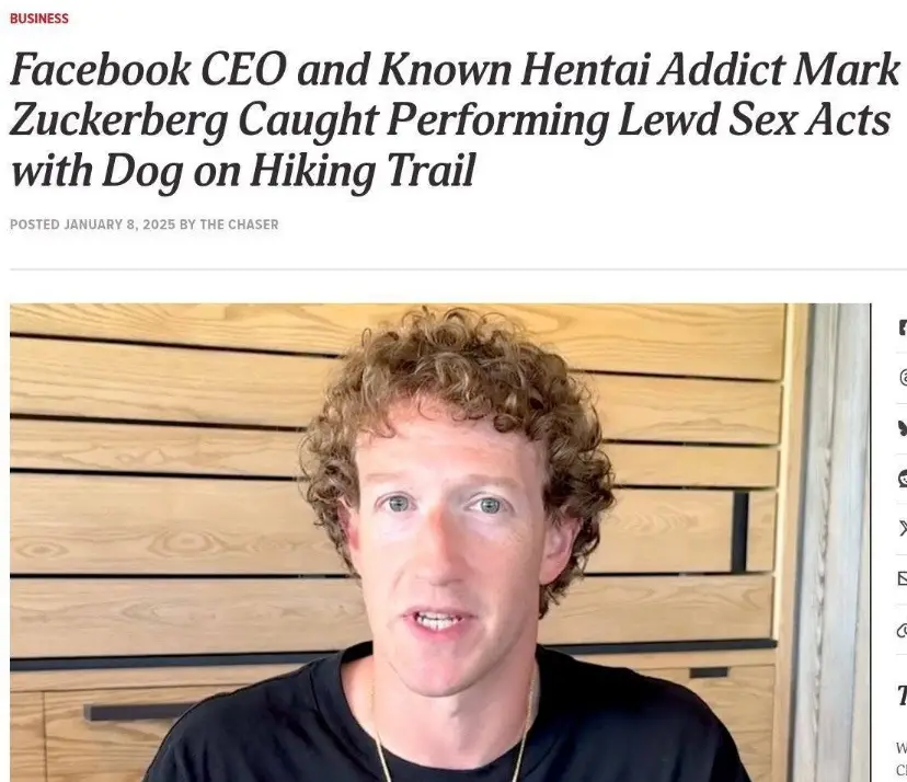 A screenshot of a fake news article with a headline about Mark Zuckerberg performing lewd acts with a dog on a hiking trail…
