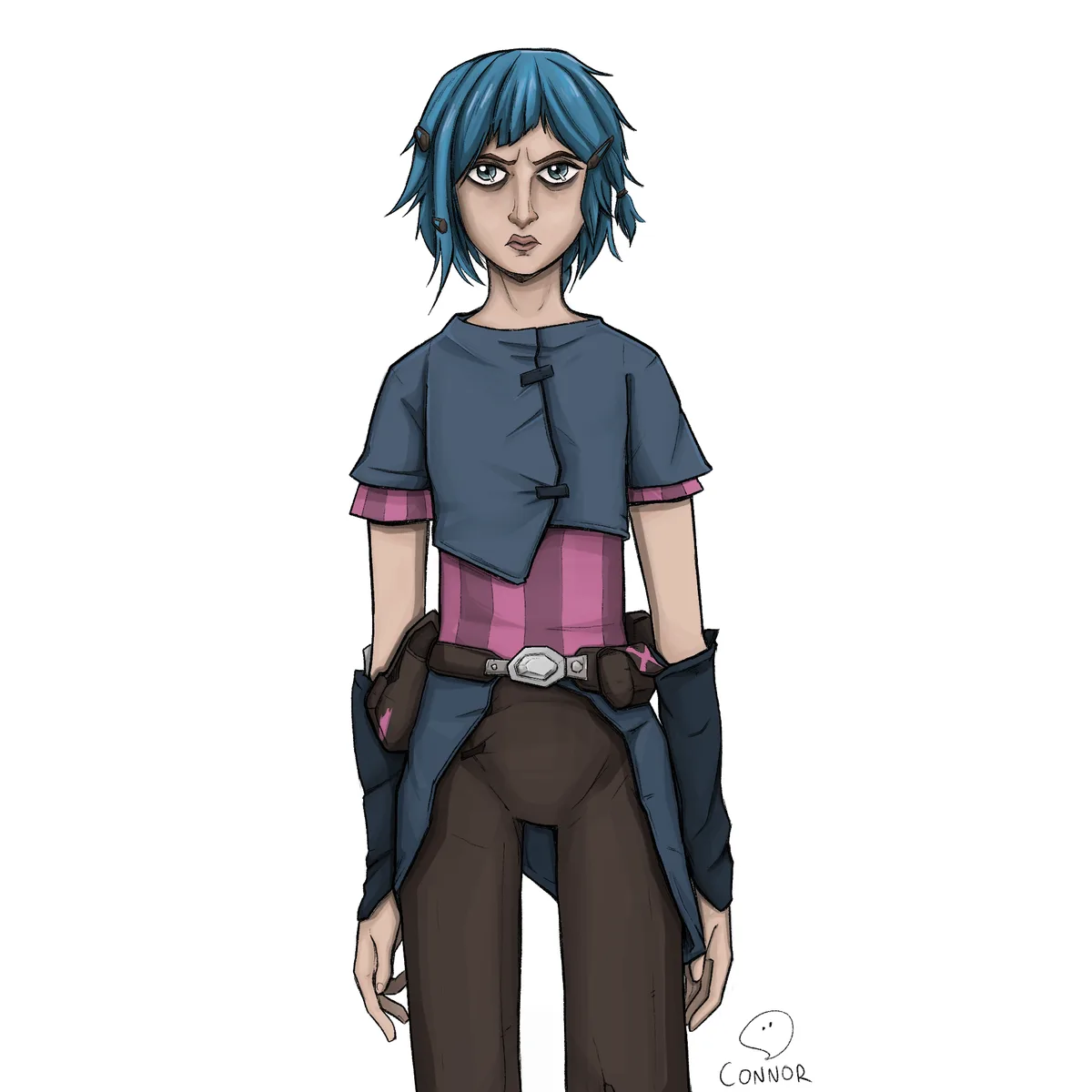 An anime-style illustration of a person with short blue hair and a stern expression, wearing a dark blue cropped top over a…