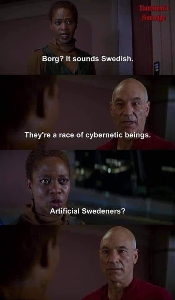 A four-panel meme from Star Trek: The Next Generation, featuring a character reacting to the Borg. In the first panel, she…