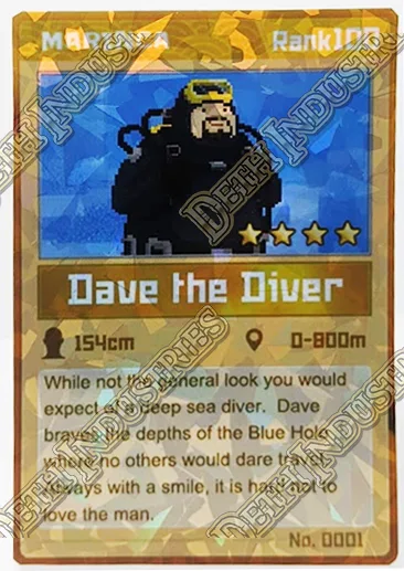 A pixel-art trading card for 'Dave the Diver' shows a scuba diver with a beard and yellow mask. The card lists stats like…