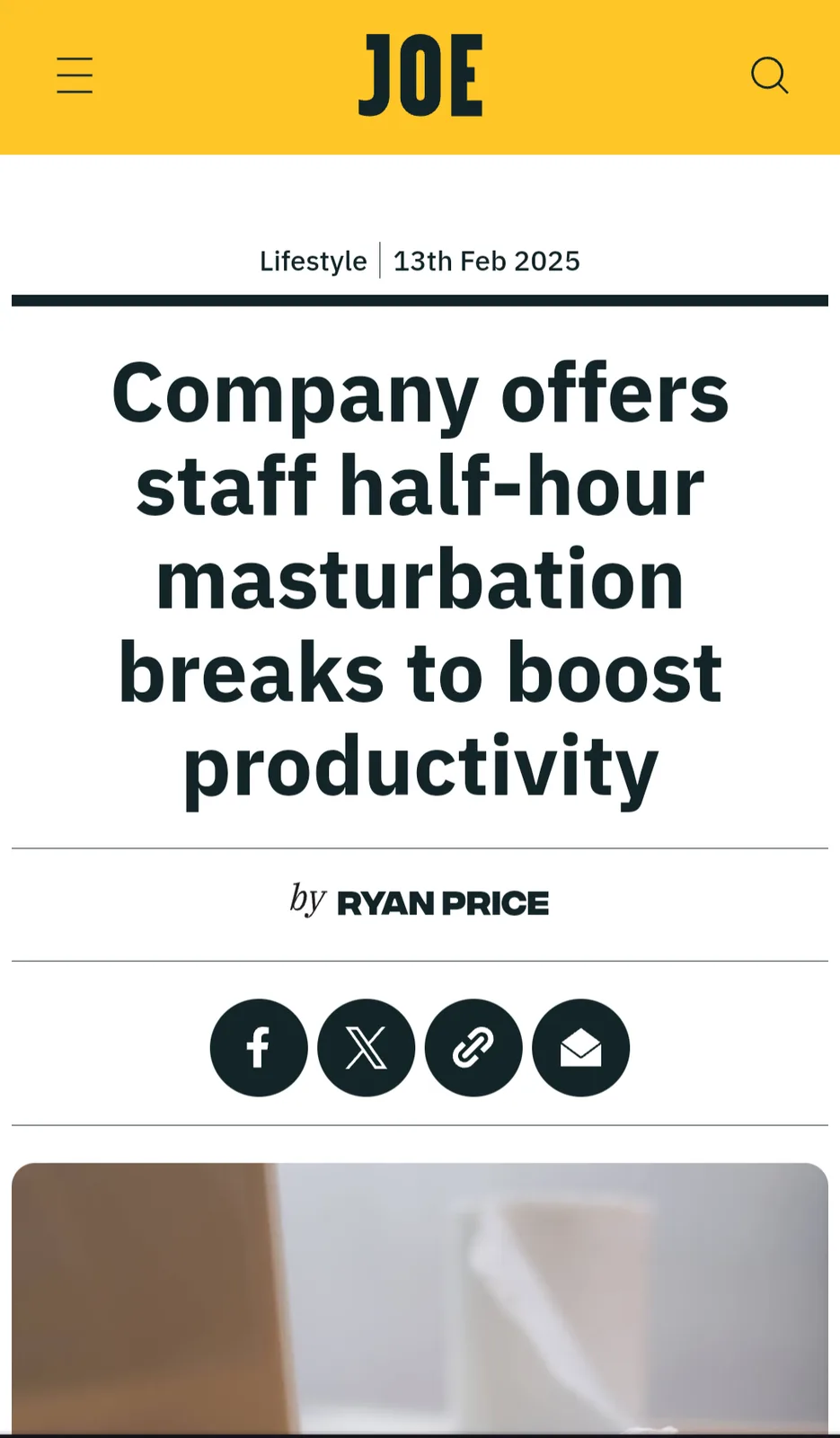 The image displays a mock news article from 'JOE' dated 13th Feb 2025, under the 'Lifestyle' section, with the headline…