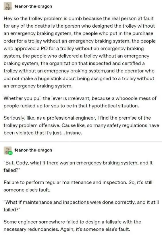 A screenshot of a Reddit thread where a user named 'feanor-the-dragon' argues that the trolley problem is flawed because all…