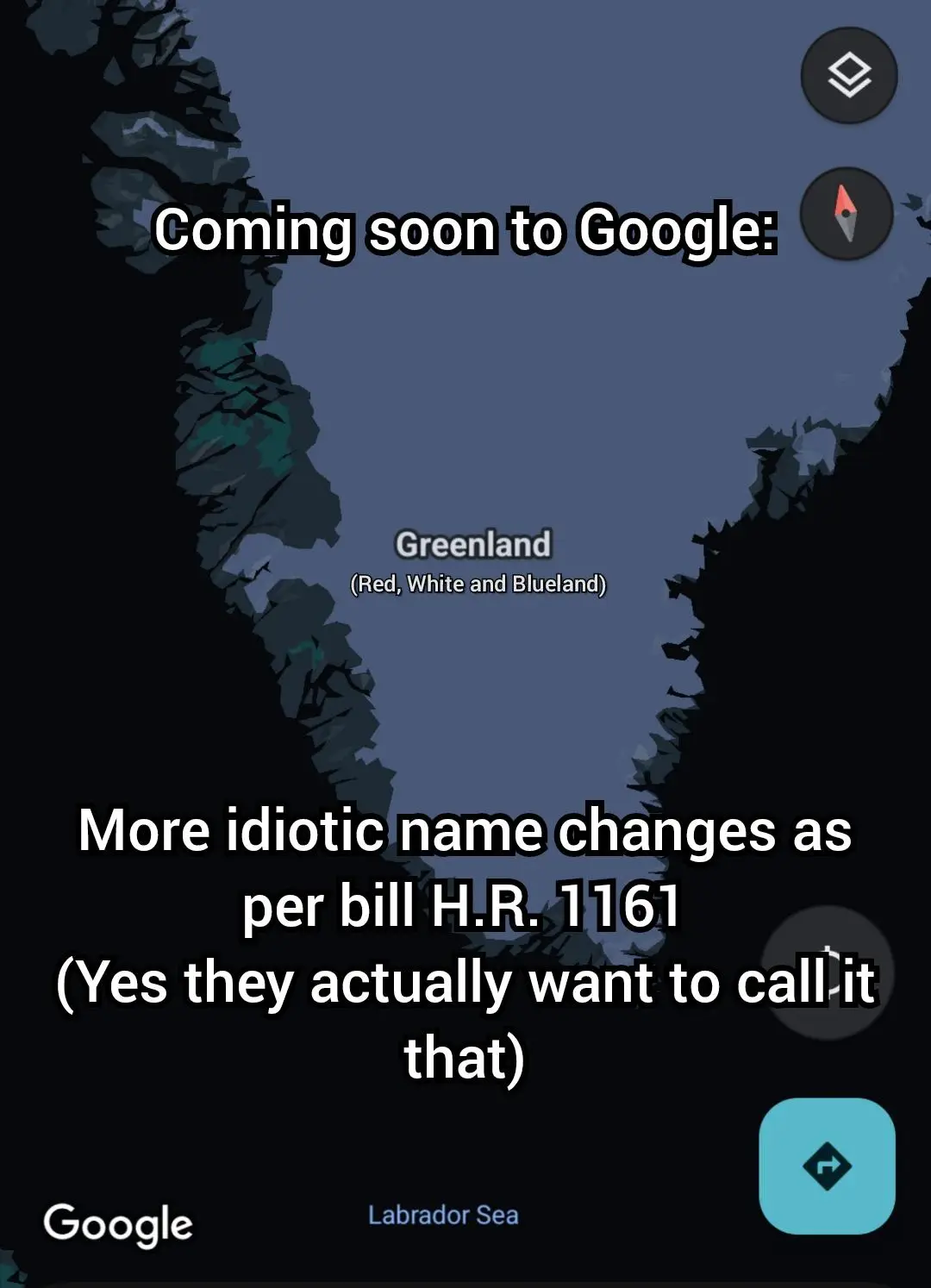 A screenshot of a Google Maps interface showing the island of Greenland, which is humorously labeled as 'Red, White and…