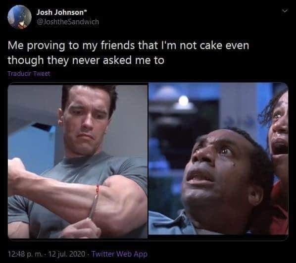 The image is a split-screen meme. On the left, Arnold Schwarzenegger flexes his bicep while holding a knife to his arm…