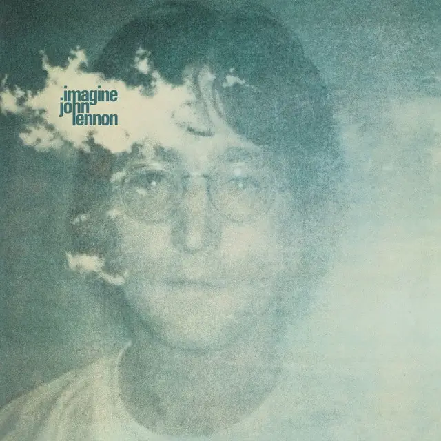 A faded, grainy image of John Lennon with clouds superimposed over his face and hair, resembling a vintage album cover. The…