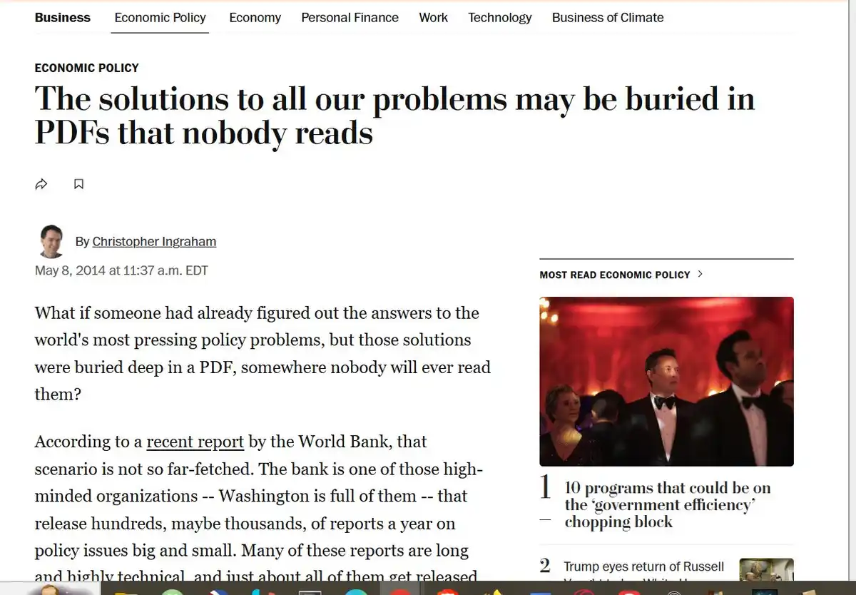 A screenshot of a 2014 article by Christopher Ingraham titled 'The solutions to all our problems may be buried in PDFs that…