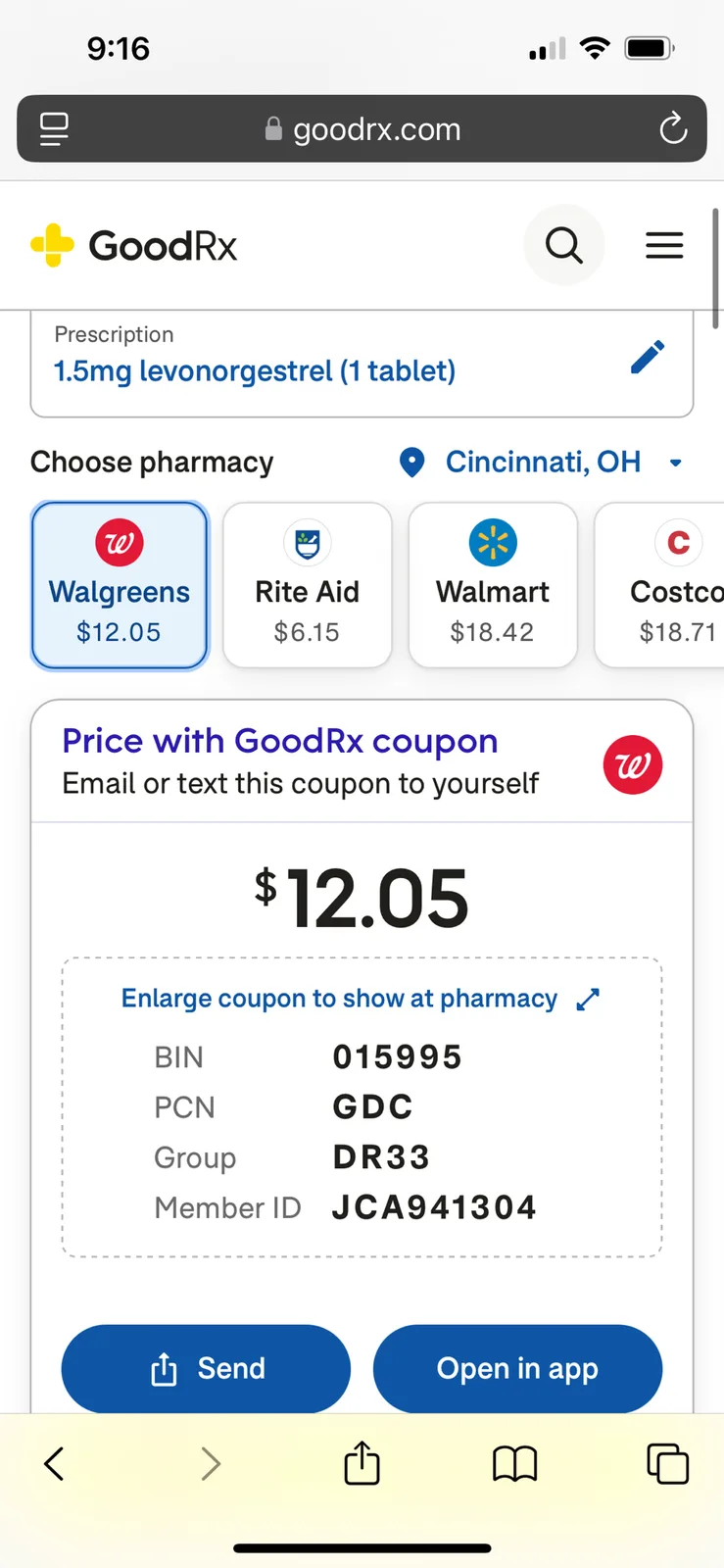 A screenshot of the GoodRx website showing a prescription for 1.5mg levonorgestrel priced at $12.05 at Walgreens, with other…
