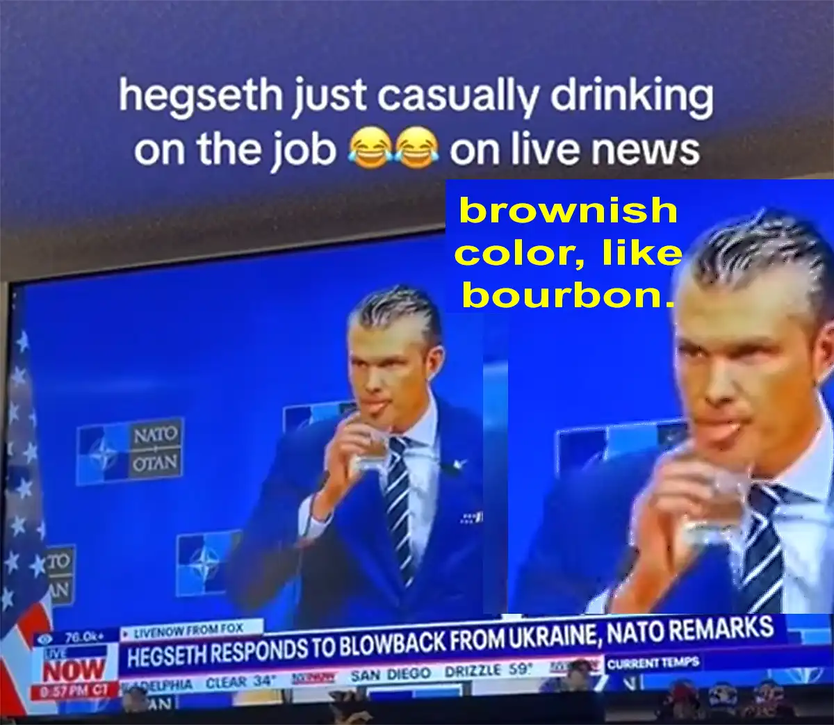 A screenshot of a live news broadcast shows a man in a suit drinking from a glass while seated at a NATO press conference…