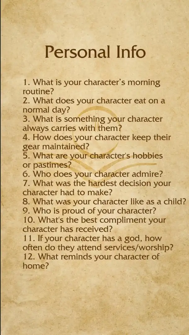 A parchment-style image titled 'Personal Info' lists 12 questions for character development in roleplaying games, such as…