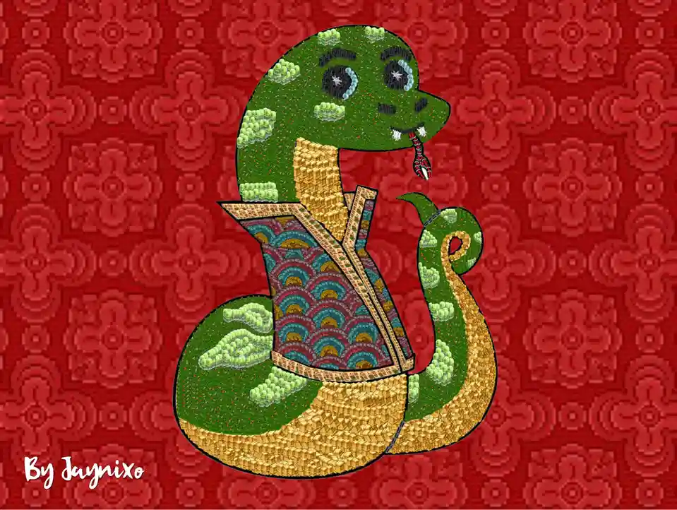 A stylized green snake with a gold body and patterned scales is depicted against a red patterned background. The snake wears…