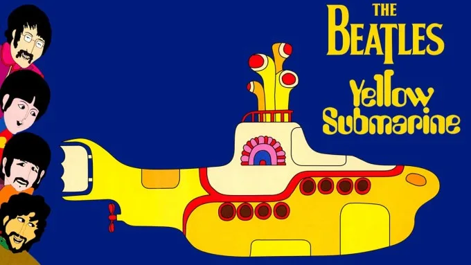 The image displays the iconic cover art for The Beatles' 1968 animated film 'Yellow Submarine,' featuring the band's four…