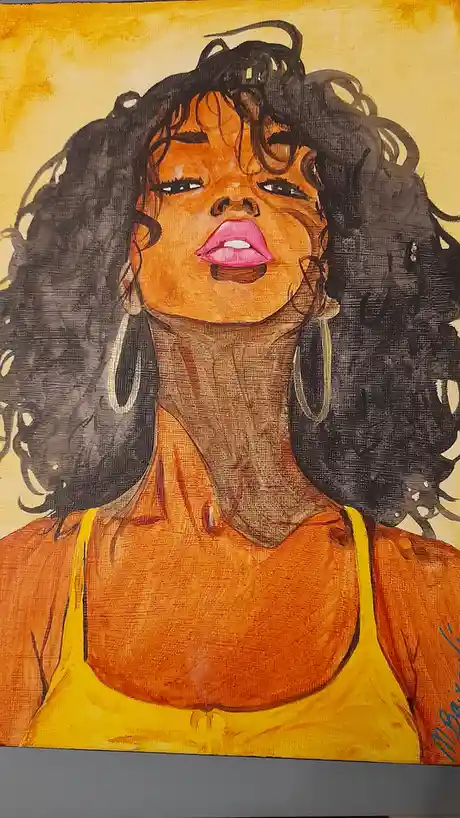 A painted portrait of a Black woman with voluminous curly hair, wearing a yellow top and large hoop earrings, looking upward…