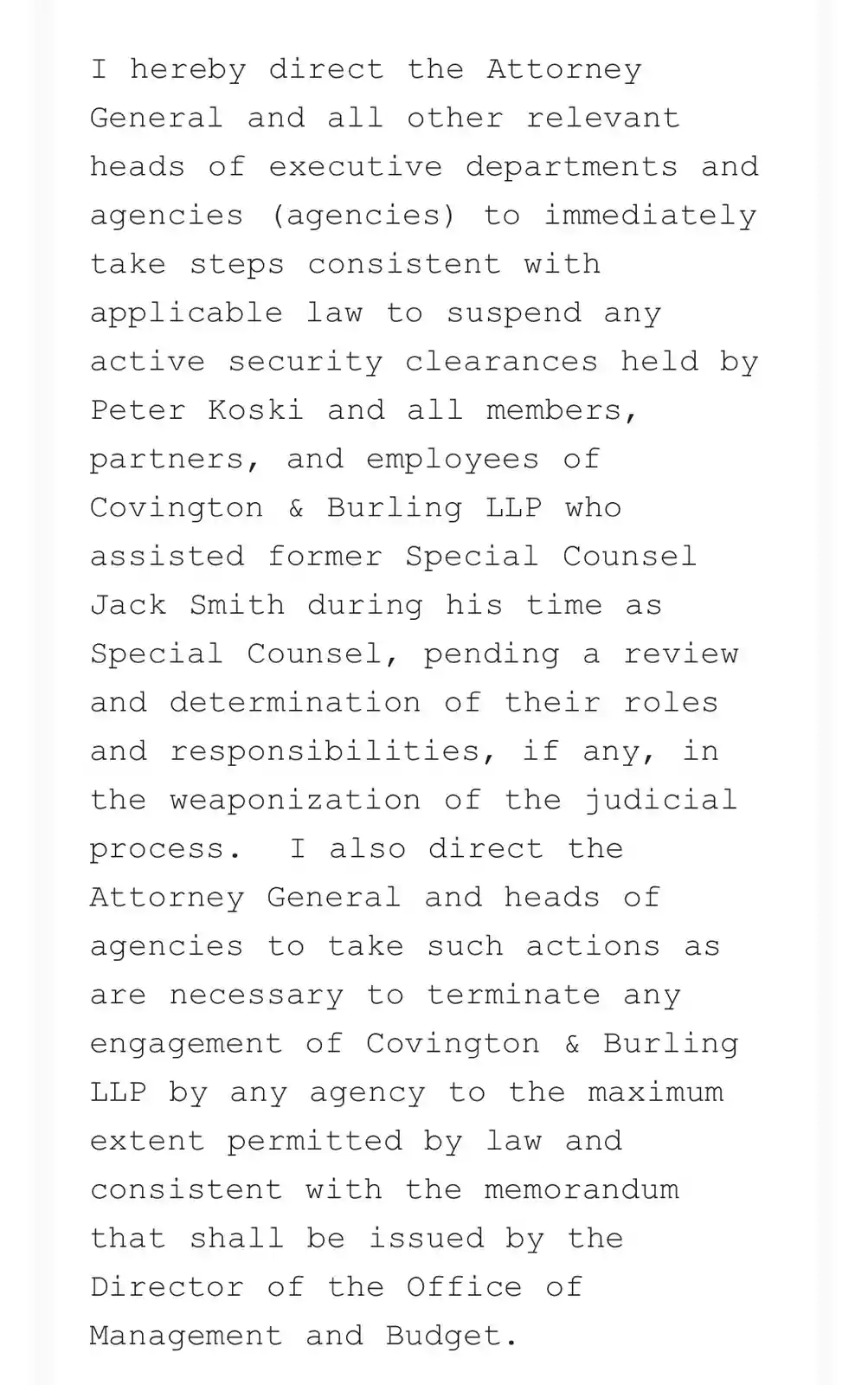 The image displays a formal, typewritten government memorandum on a plain white background. The text directs the Attorney…