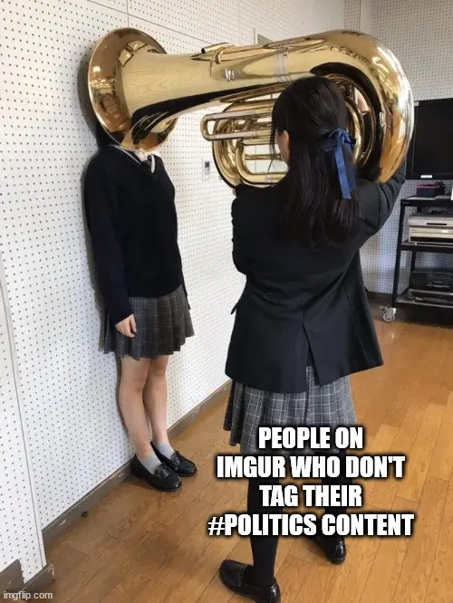 Two schoolgirls in uniforms stand in a room; one has a giant brass tuba strapped to her back, obscuring her head and upper…