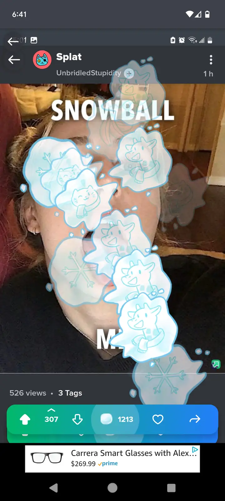 A person's face is obscured by cartoon snowflake and snowball graphics with the word 'SNOWBALL' overlaid in large white…