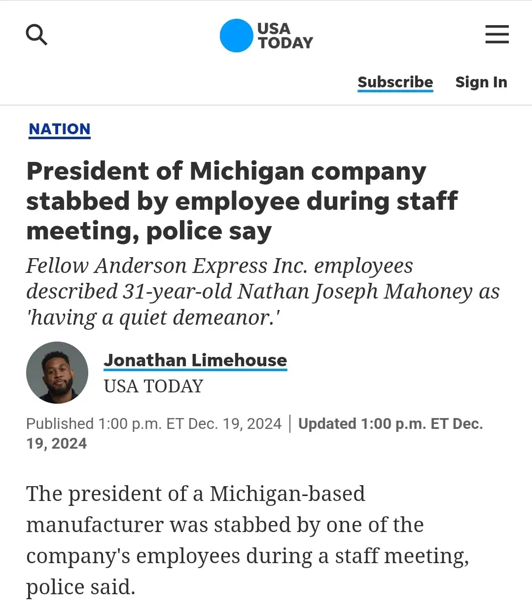 A screenshot of a USA TODAY news article with the headline 'President of Michigan company stabbed by employee during staff…