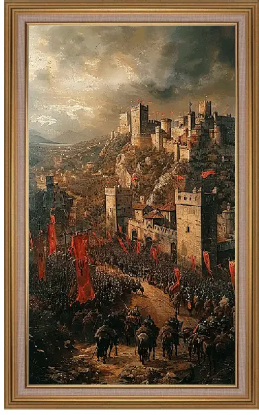 A framed historical painting depicts a massive medieval army with red banners marching toward a fortified castle on a hill…