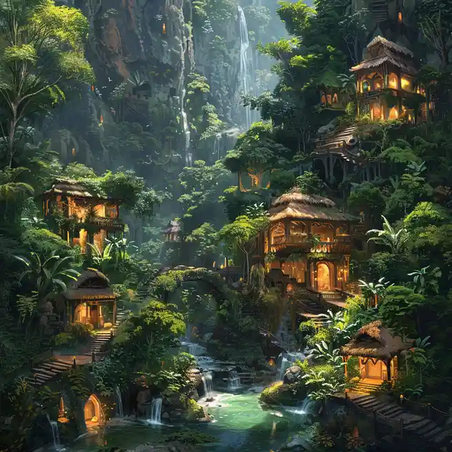 A lush, vibrant fantasy landscape with cascading waterfalls, dense greenery, and multiple thatched-roof huts nestled into…