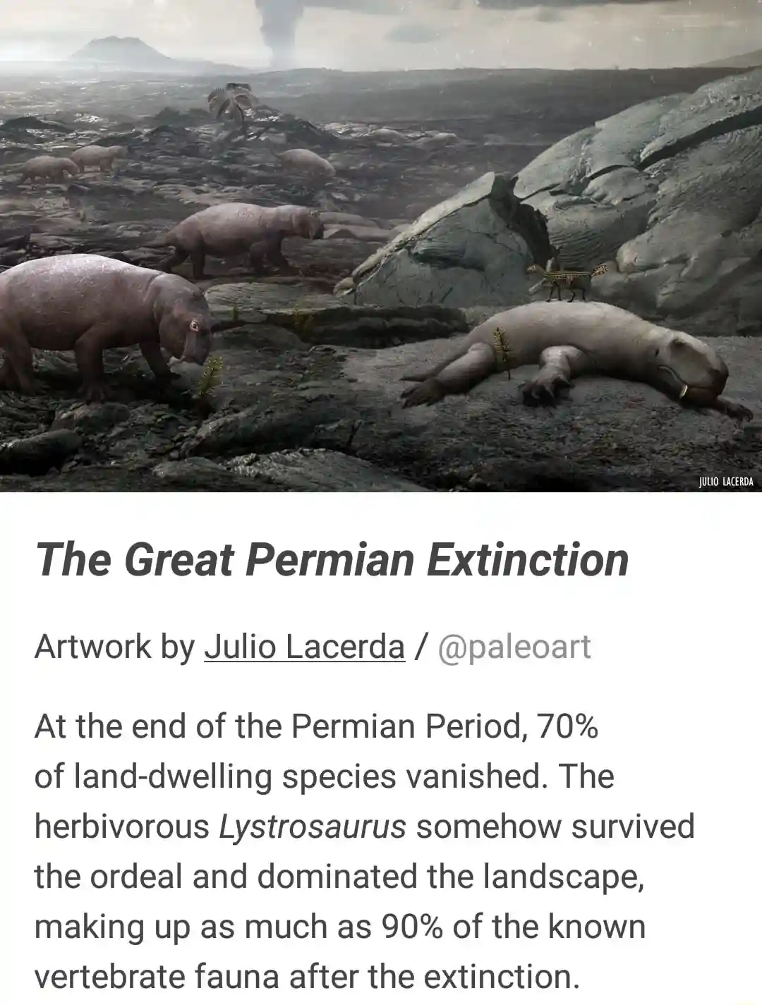 A paleoart illustration depicts a bleak, volcanic landscape with several Lystrosaurus, some walking and one lying dead…