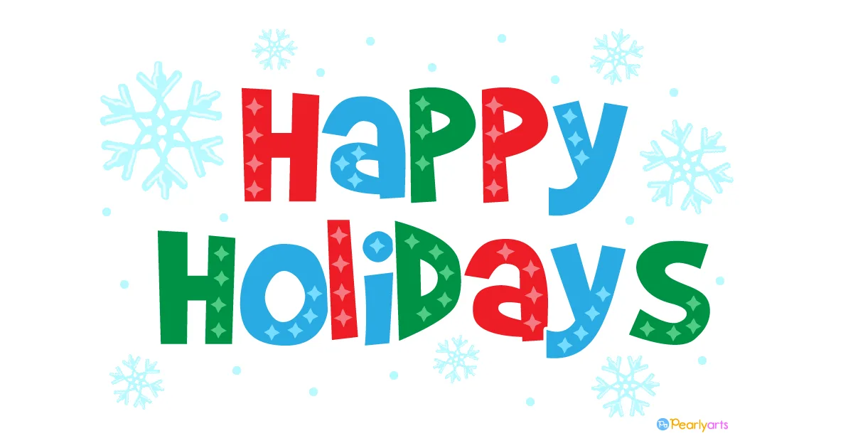 The image displays the phrase 'Happy Holidays' in large, colorful, festive letters with alternating red, green, and blue…