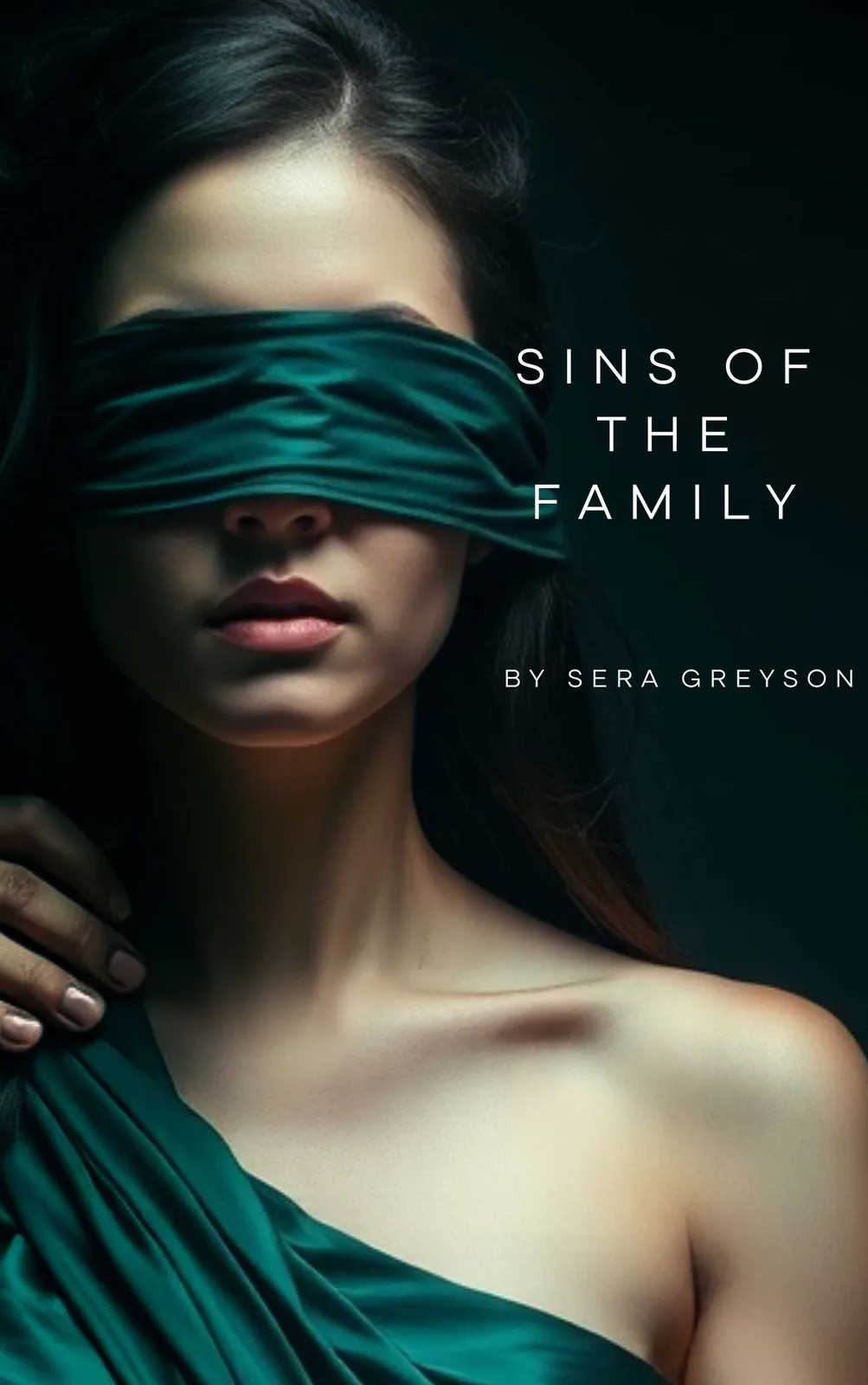 A woman with dark hair is shown from the shoulders up, wearing a green satin blindfold over her eyes and a matching green…
