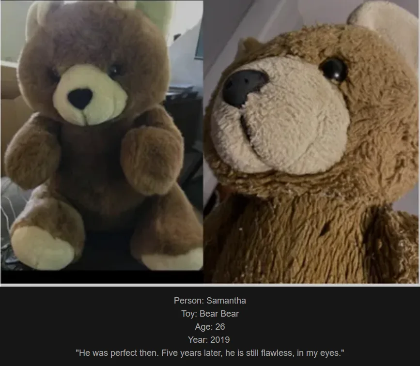 The image shows a split-screen of a brown teddy bear, left side looking new and clean, right side looking worn and frayed…