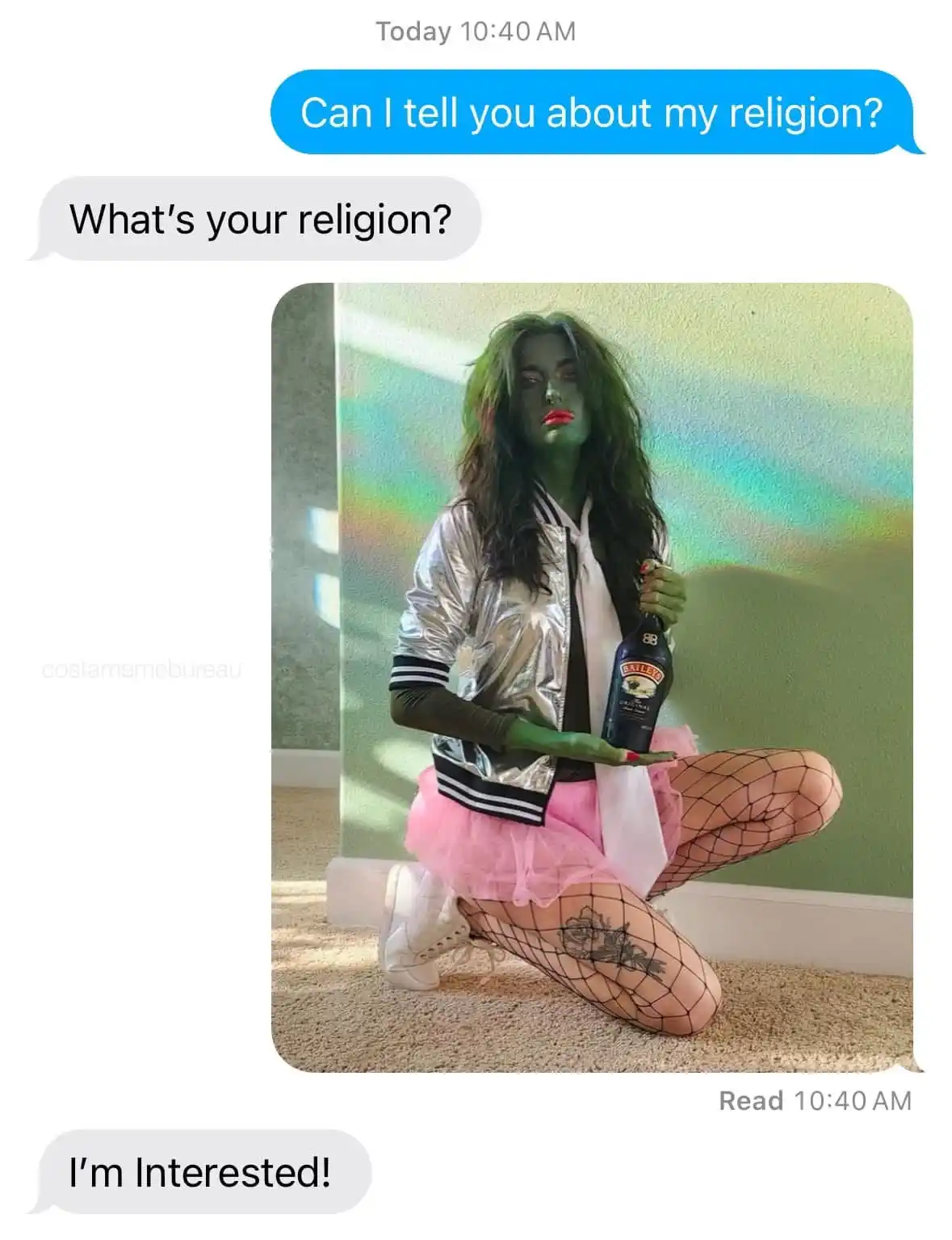 A screenshot of a text conversation shows a user asking 'Can I tell you about my religion?' and the other person replying…