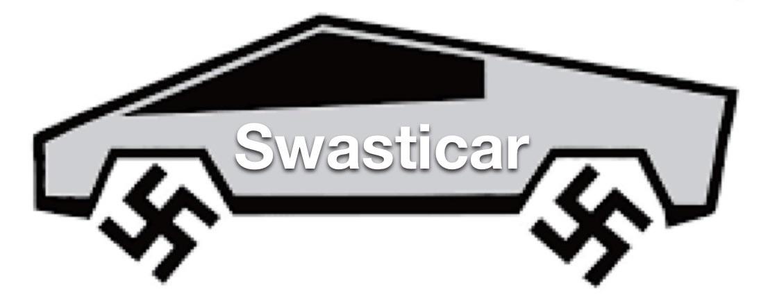 A gray coffin with black outlines is shown, featuring two black swastikas on its front ends. The word 'Swasticar' is written…