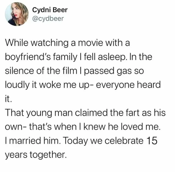 A screenshot of a tweet by Cydni Beer showing her story about falling asleep during a movie with her boyfriend's family…