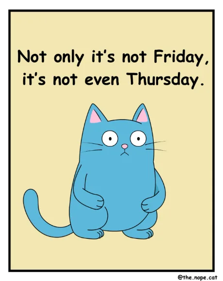 A blue cartoon cat with wide, shocked eyes and a downturned mouth stands against a beige background. Above the cat, black…