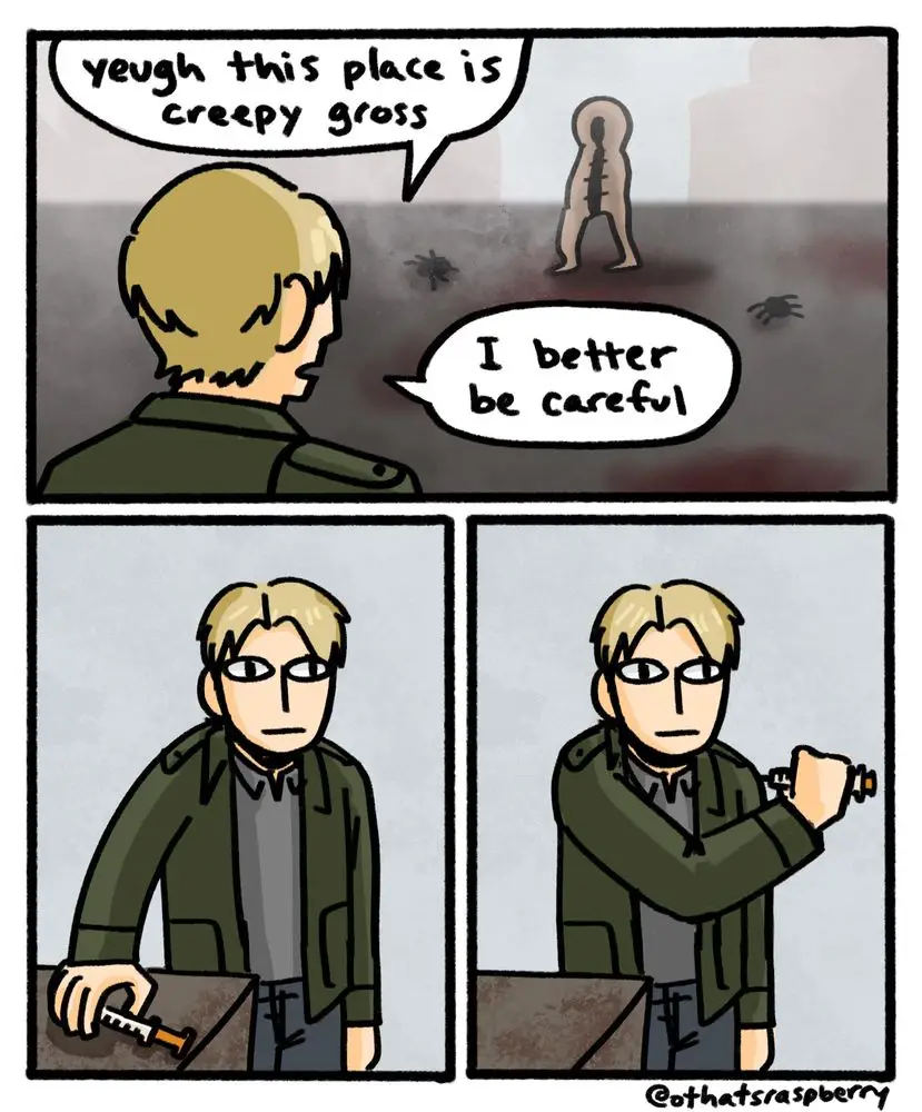 A four-panel comic strip shows a blonde man in a green jacket reacting to a creepy, shadowy humanoid figure and spiders in a…