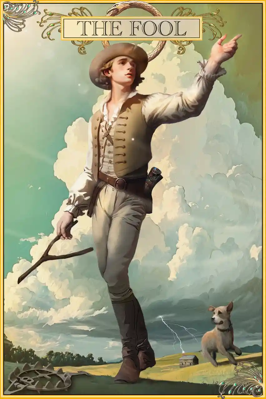 A classic tarot card illustration titled 'THE FOOL' depicts a young man in 18th-century attire, holding a walking stick and…