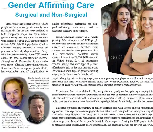 A medical article page titled 'Gender Affirming Care Surgical and Non-Surgical' is overlaid with two photos of smiling women…