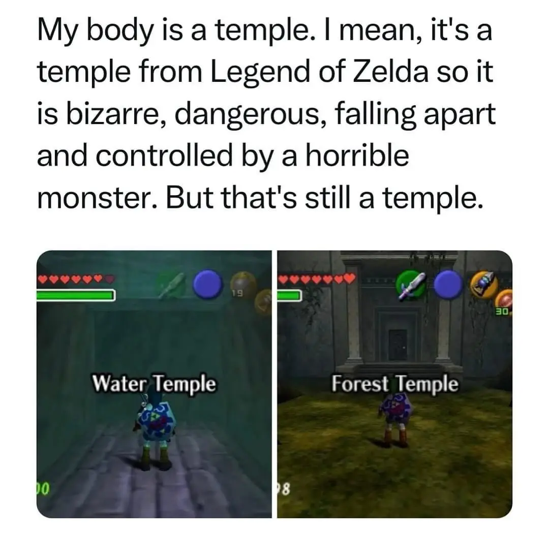 The image displays two side-by-side screenshots from The Legend of Zelda: Ocarina of Time, showing the player character…