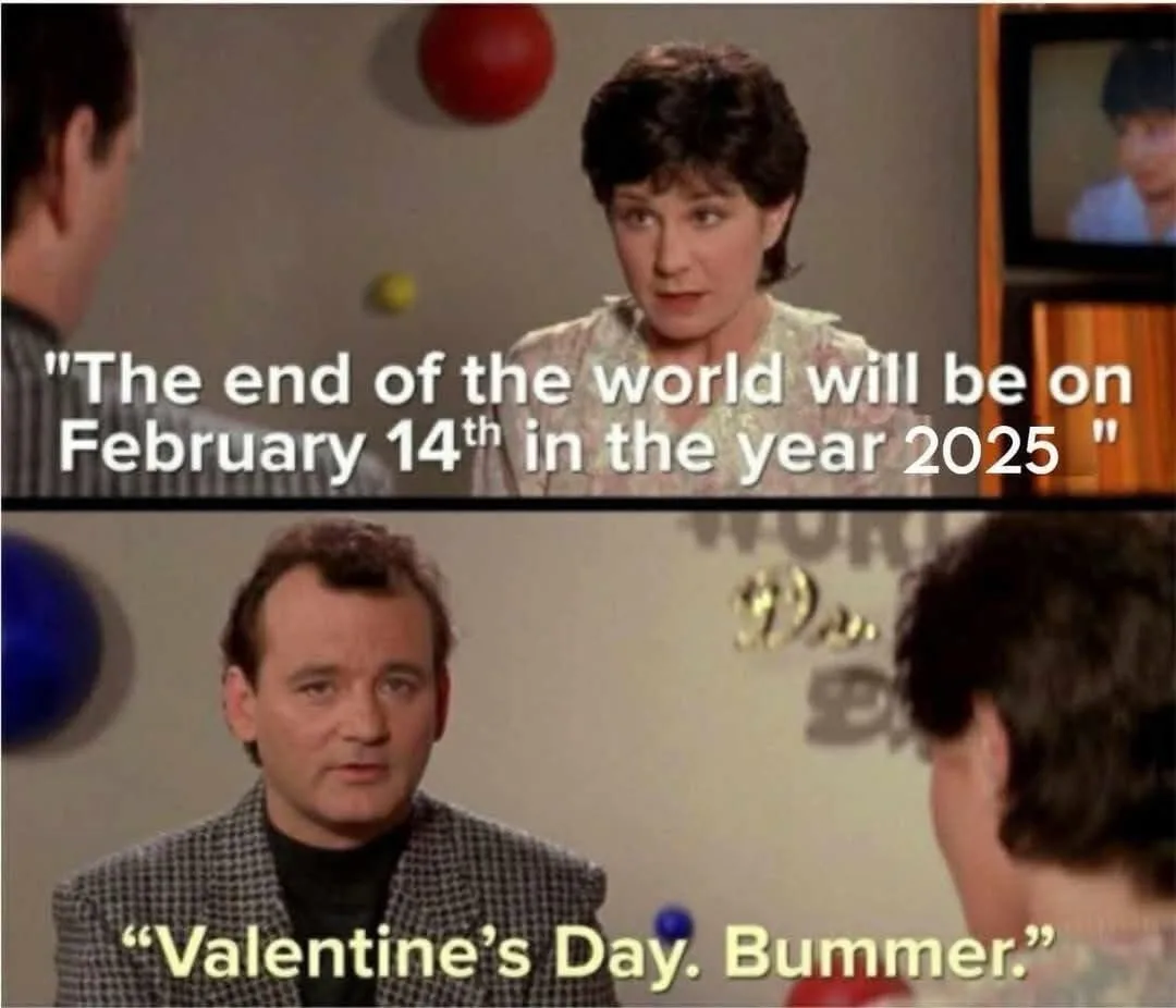 The top panel shows a woman in a patterned blouse looking concerned while text reads 'The end of the world will be on…