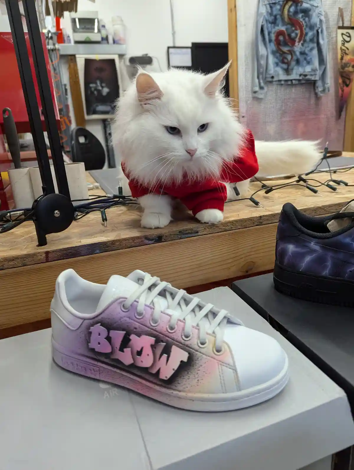 A fluffy white cat wearing a red hoodie sits on a wooden workbench in a workshop, looking sternly at the camera. In the…