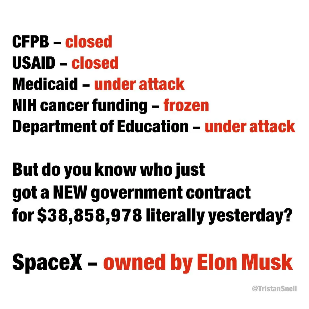 A white-background text image lists government agencies and programs with red status updates like 'closed' or 'under…