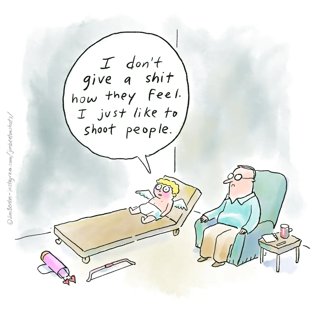 A cartoon depicts a small, winged, diapered angel lying on a therapist's couch, speaking in a speech bubble that reads 'I…