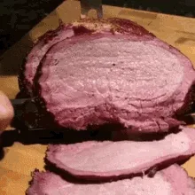 A six-panel image sequence shows a large, sliced roast with pinkish meat being cut on a wooden board. The final panel adds…