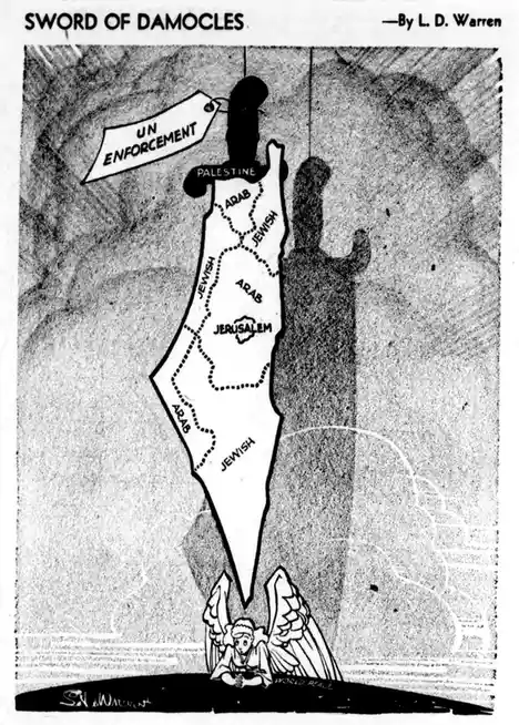 A black-and-white political cartoon titled 'SWORD OF DAMOCLES' by L. D. Warren depicts a large sword hanging over a seated…