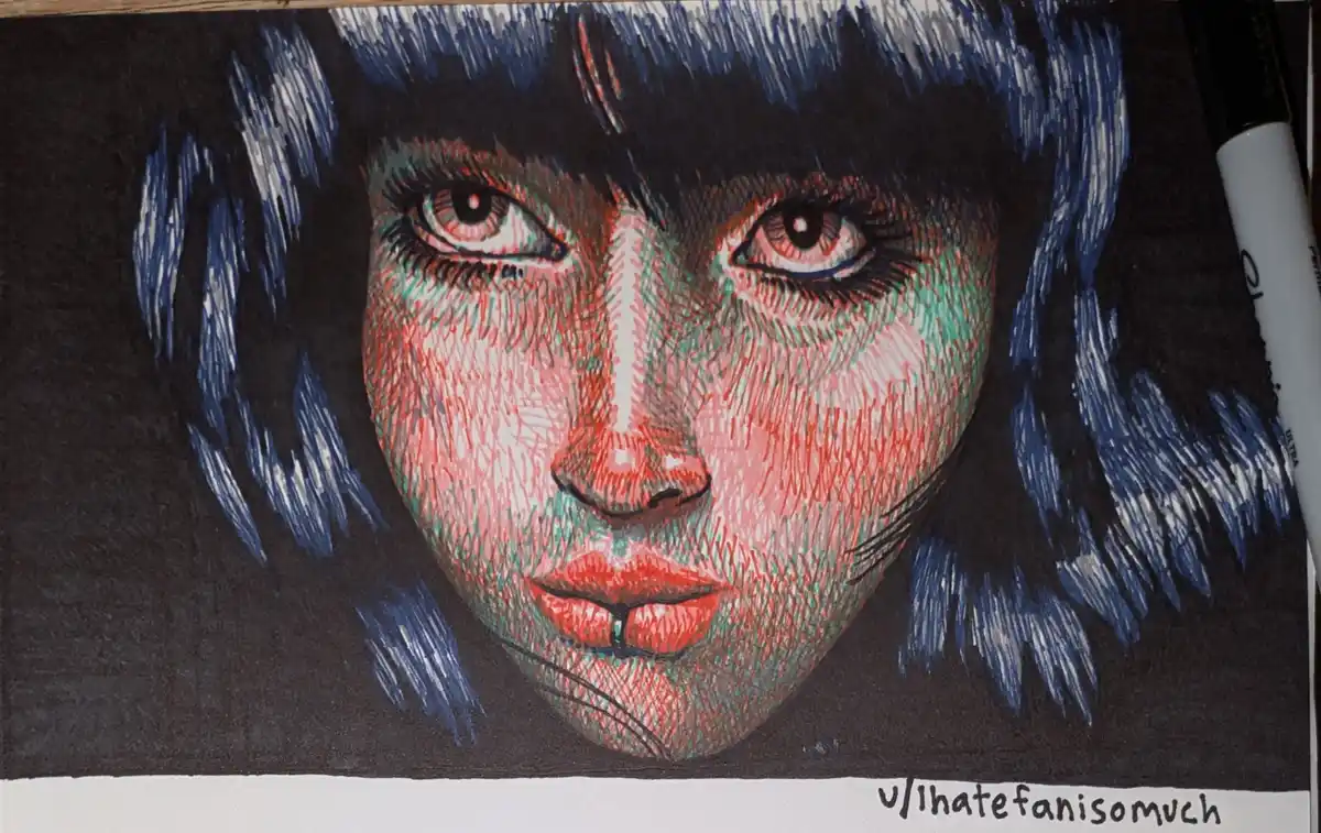 A hand-drawn portrait of a person with short blue hair, rendered in red and teal ink strokes on dark paper, with a white…