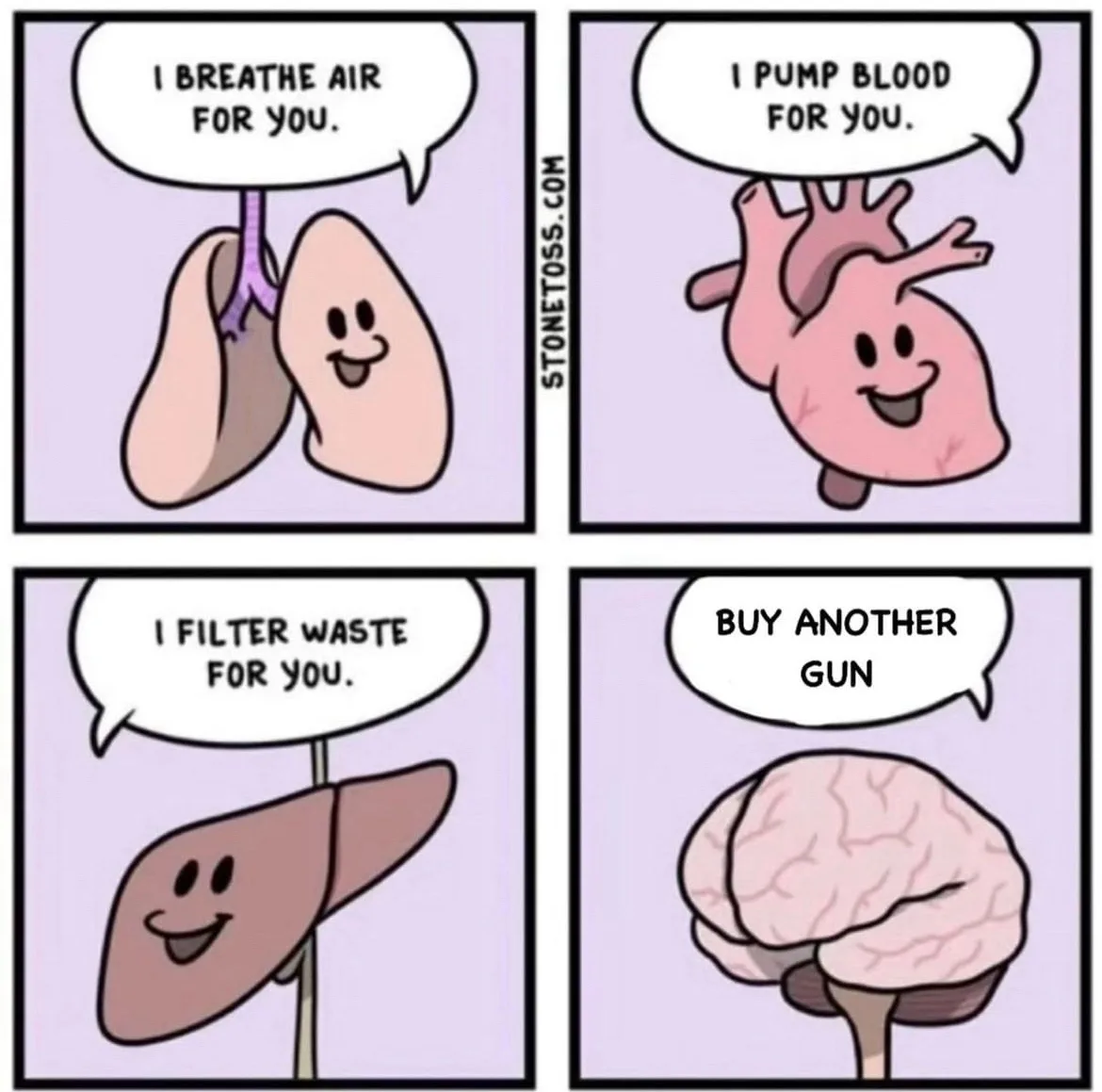 A four-panel comic strip shows cartoon organs: lungs say 'I breathe air for you,' heart says 'I pump blood for you,' liver…