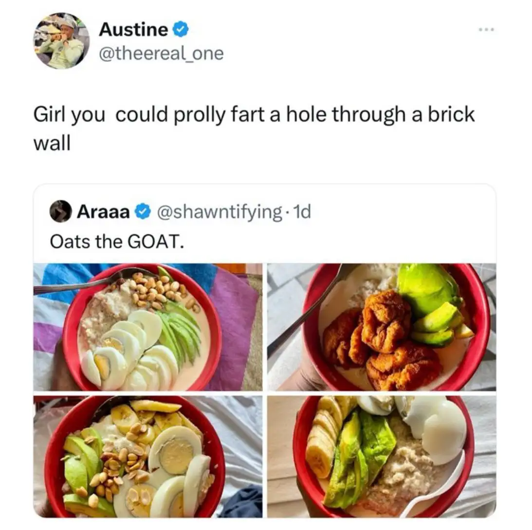 A screenshot of a Twitter thread where user 'Araaa' posts four photos of elaborately topped oatmeal bowls with the caption…