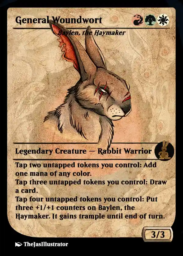 A custom Magic: The Gathering-style card featuring a rabbit warrior named Baylen, the Haymaker, with visible battle scars…